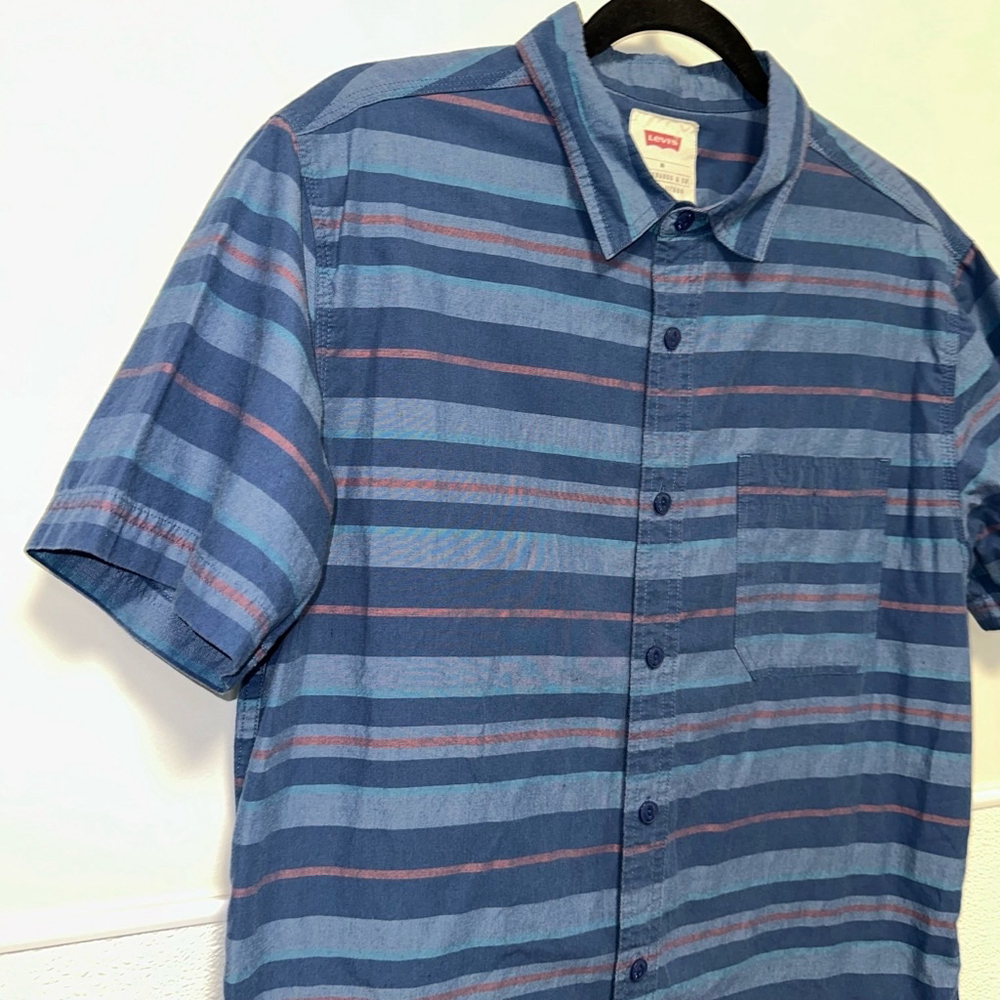 Vans Striped Button-Up Shirt Men's Size Medium Short Sleeve Blue Cotton Casual - Picture 3 of 11